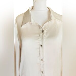 Elegant Cream Silky Button-Up Blouse Cute Buttons